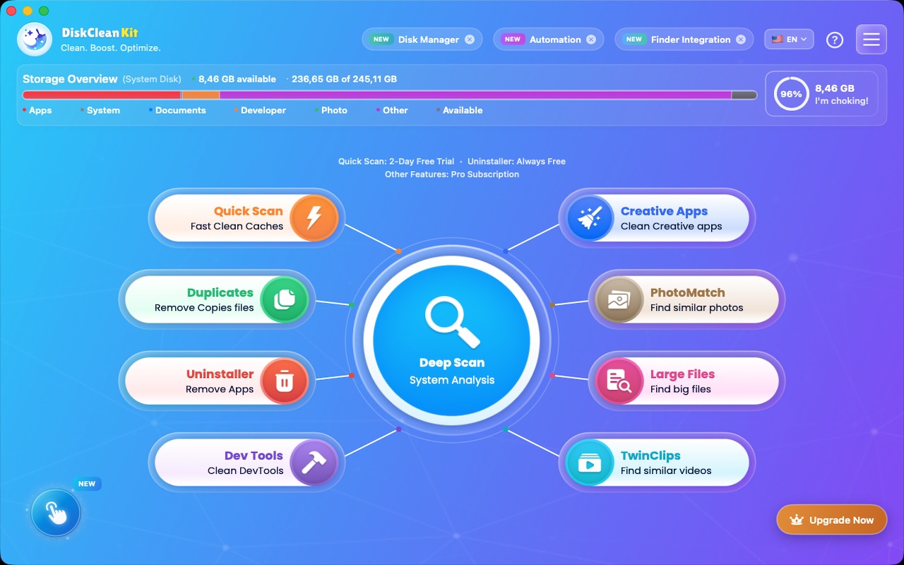 DiskCleanKit Dashboard - Mac Storage Overview